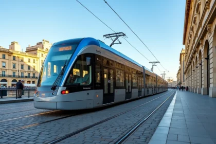 Tram de Bordeaux circulant sur les quais de la Garonne avec les façades en pierre calcaire en arrière-plan