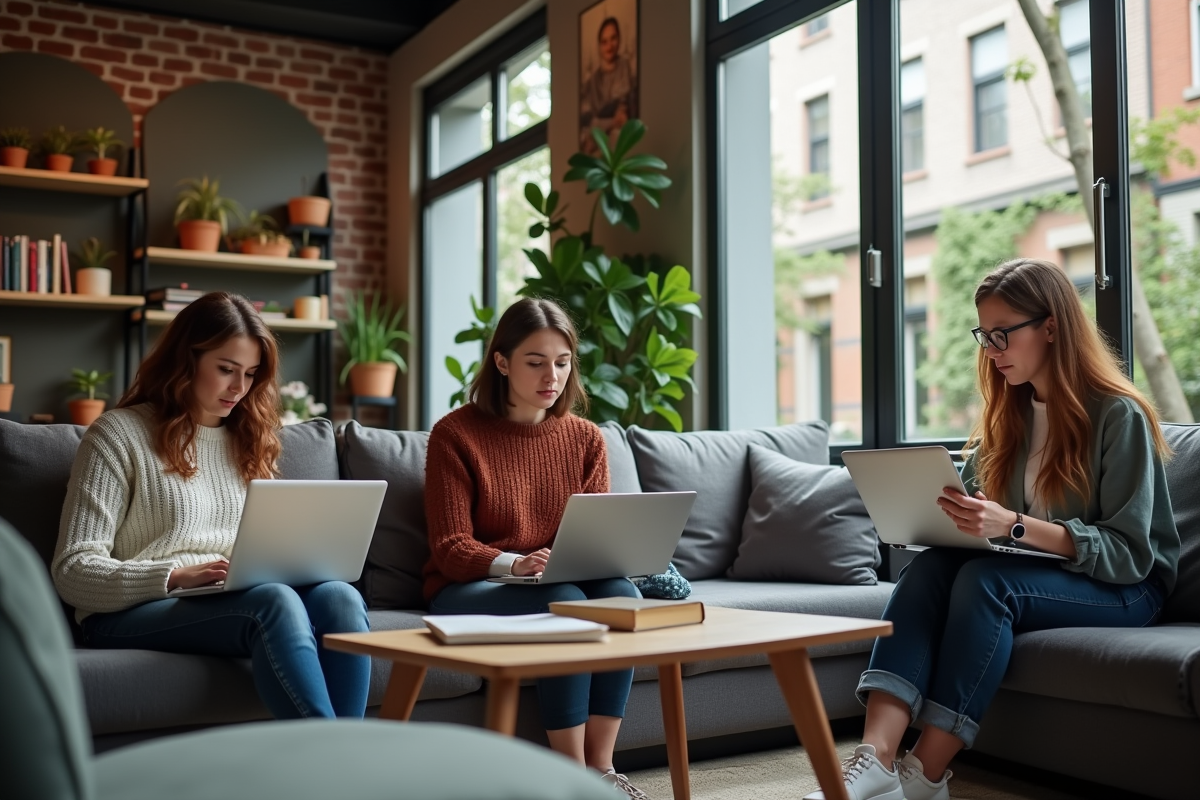 Trois personnes travaillant tranquillement dans un salon moderne