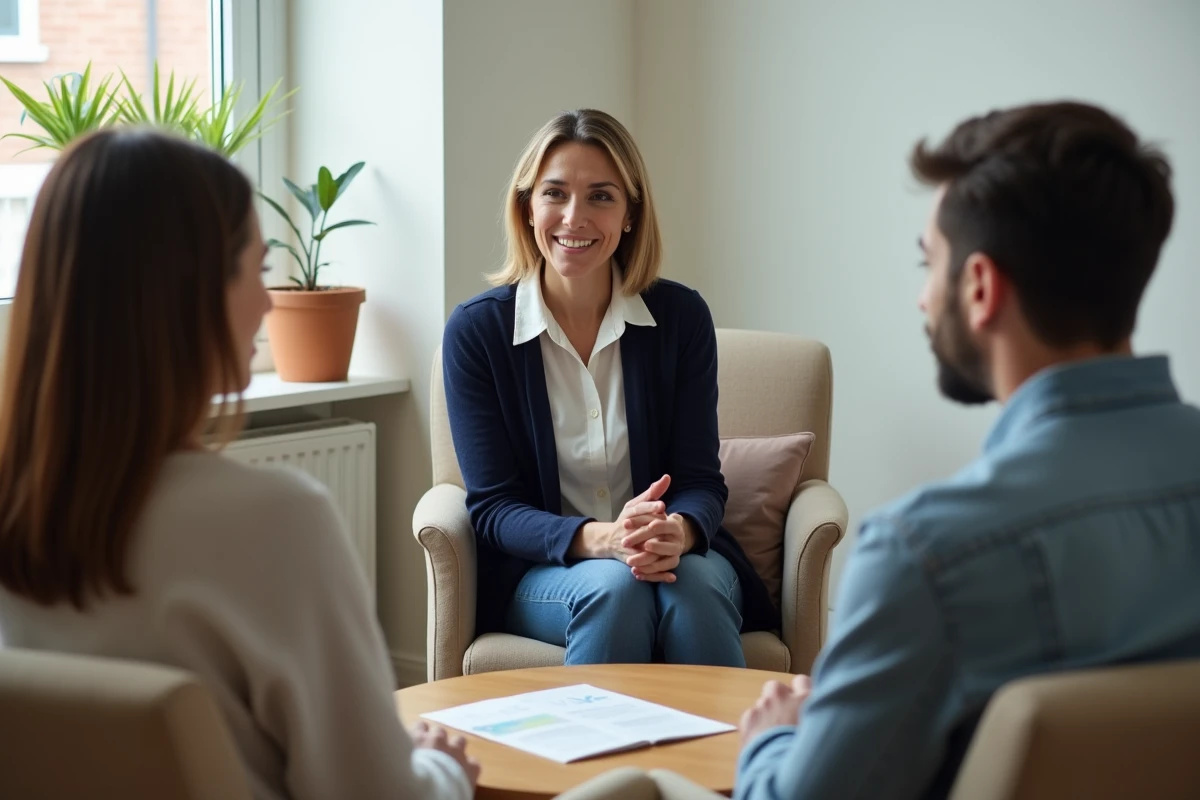 Travailleuse sociale accompagnant un couple en difficulté dans un bureau d'association de soutien aux familles en crise