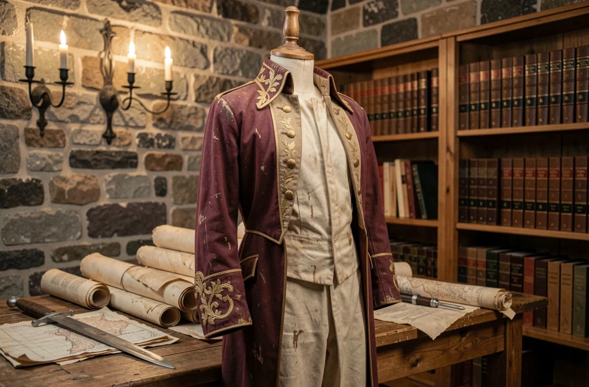 Uniforme militaire français du XVIIe siècle sur mannequin dans une salle d'archives historiques avec documents anciens et épée