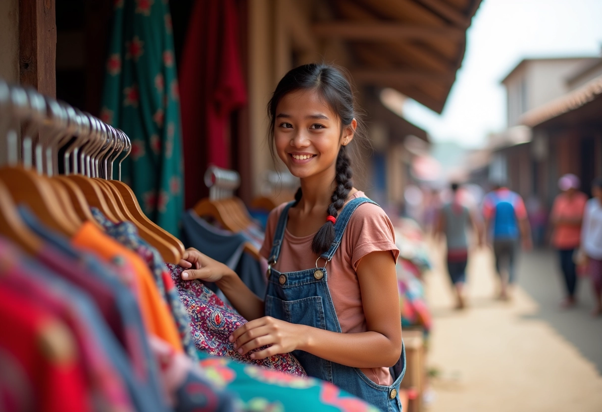 Jeune vendeuse de vêtements dans un marché animé