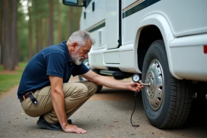 Homme vérifiant la pression des pneus d'un camping-car avec un manomètre numérique sur un terrain de camping