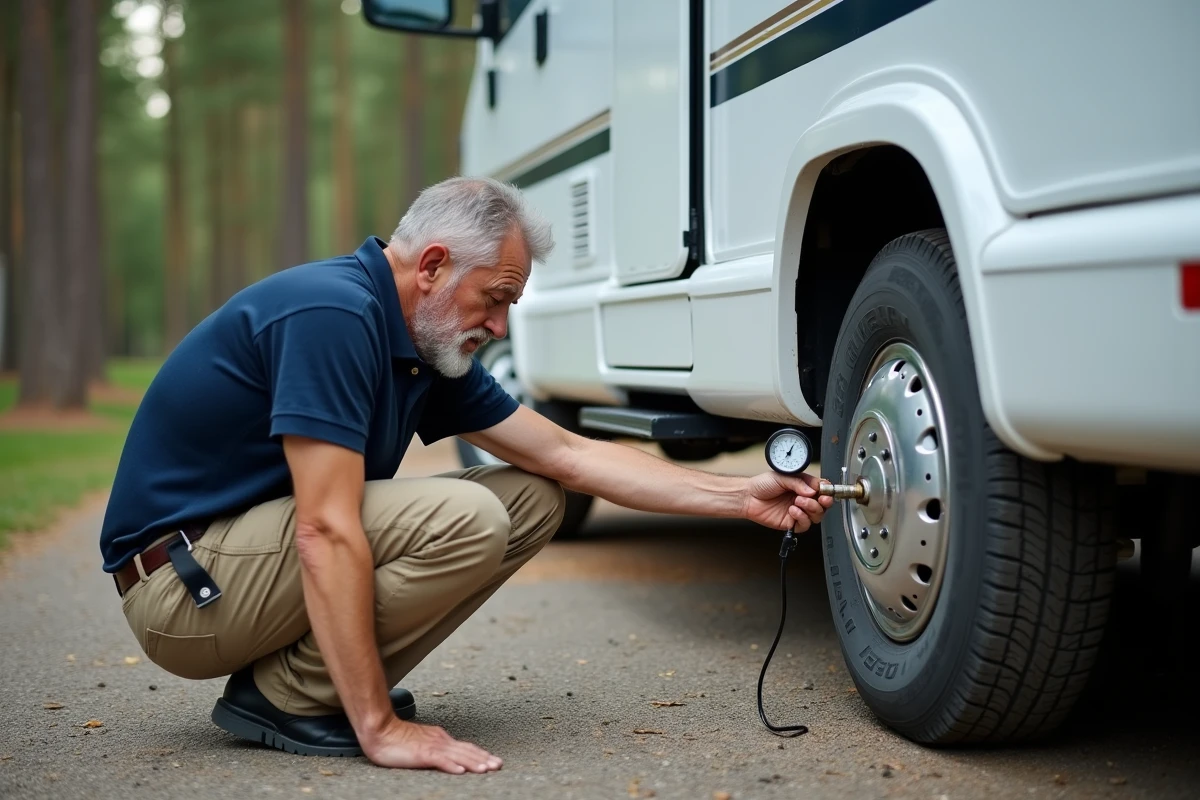 Homme vérifiant la pression des pneus d'un camping-car avec un manomètre numérique sur un terrain de camping