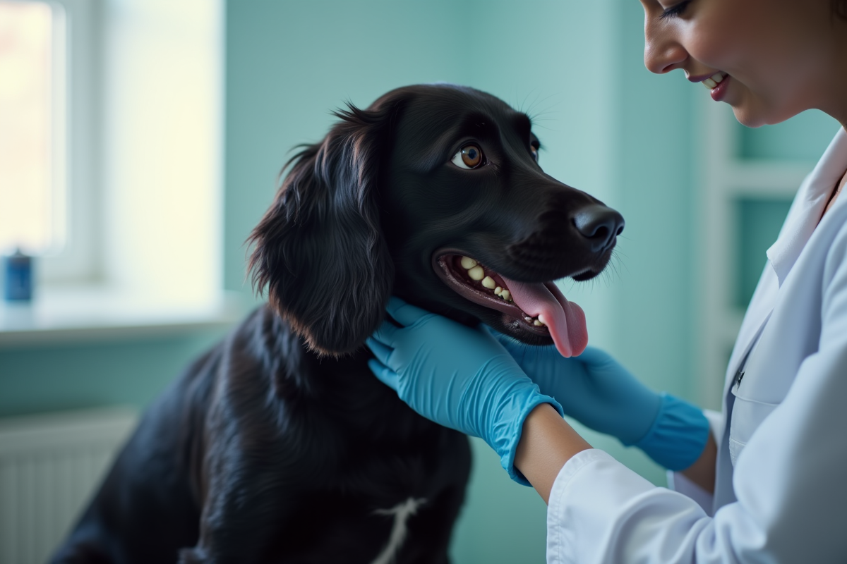 Vétérinaire examinant un cocker spaniel noir en clinique